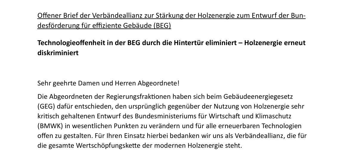 Einen Ausschnitt von einem offenen Brief der Verbaendeallianz zur Staerkung der Holzenergie zum Entwurf der Bundesfoerderung fuer effiziente Gebaeude.